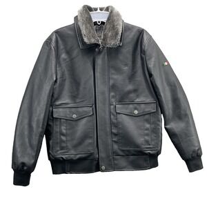 BV Aviator Bomber Jacket Men's Large Vegan Leather Fur Collar Lined Grandpa 70's